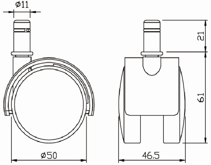 Technical dimension drawing for 50mm office chair wheels for carpet