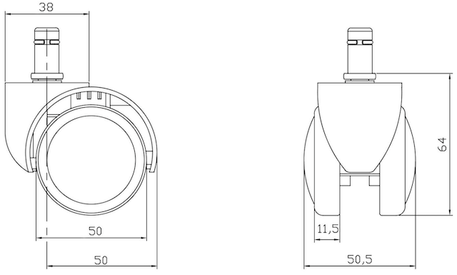 Technical CAD drawing and exact dimensions of a 50mm white office chair wheel for B2B furniture manufacturing