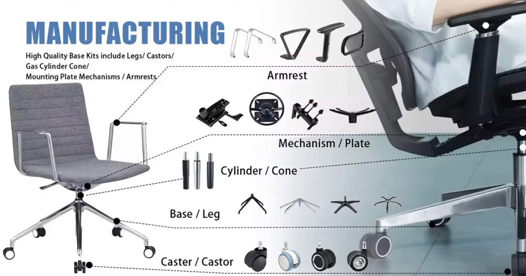 Aluminum chair base kit components — matched gas lift, casters and base in exploded view