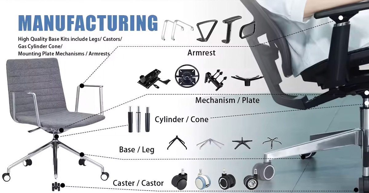 Aluminum chair base kit components — matched gas lift, casters and base in exploded view