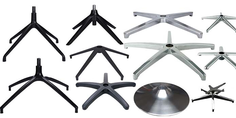 B2B custom chair bases including aluminum 5-star, heavy-duty steel, and nylon round trumpet bases