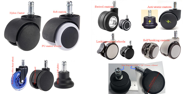 Custom office chair casters including PU soft wheels, nylon hard floor casters, and anti-static locking wheels