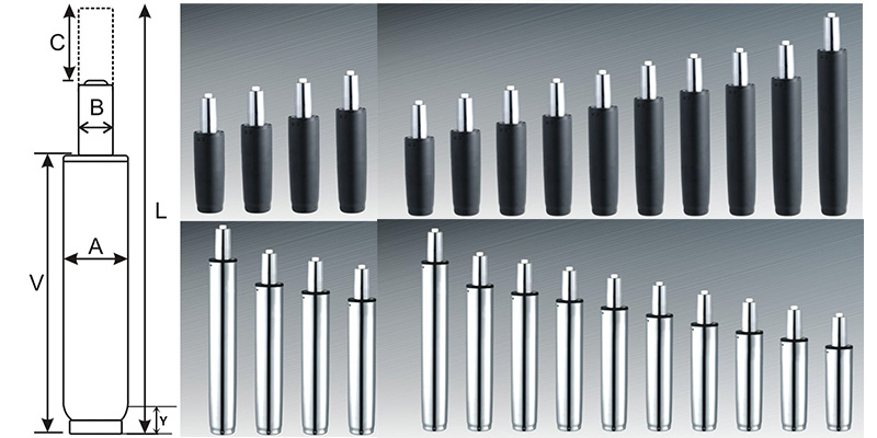 Technical specification diagram and product lineup of BIFMA Class 3 and Class 4 office chair gas lift cylinders