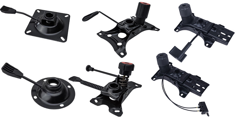 Custom office chair mechanisms ranging from economy free-tilt plates to premium ergonomic wire-control systems