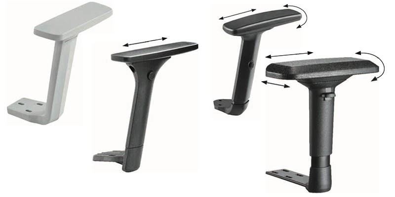 Custom office chair armrest systems including 3D, 4D adjustable, fixed, and ergonomic flip-up designs