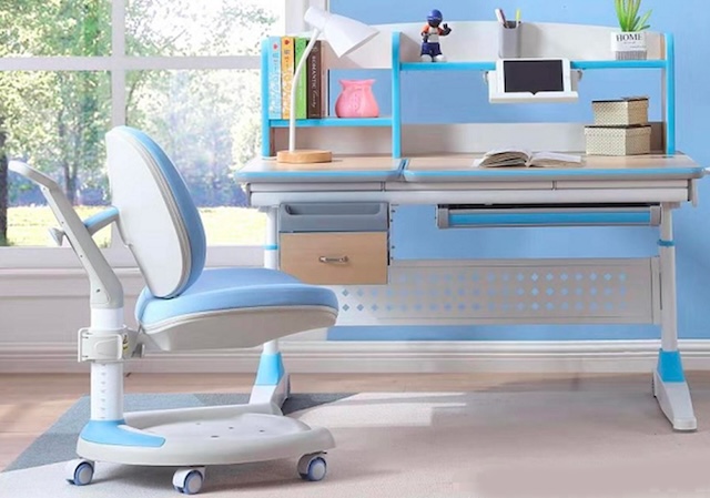 Custom color white chair casters featuring sit-to-brake technology installed on an ergonomic kids study chair