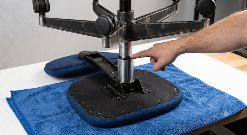 Upside-down office chair showing the correct center area to strike the 5-star base.